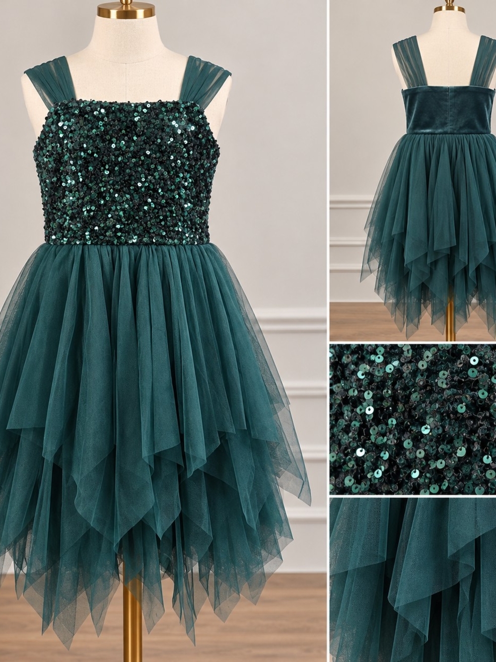 Girls XL 14 Emerald Green Sequin Tulle Party Dress NWT